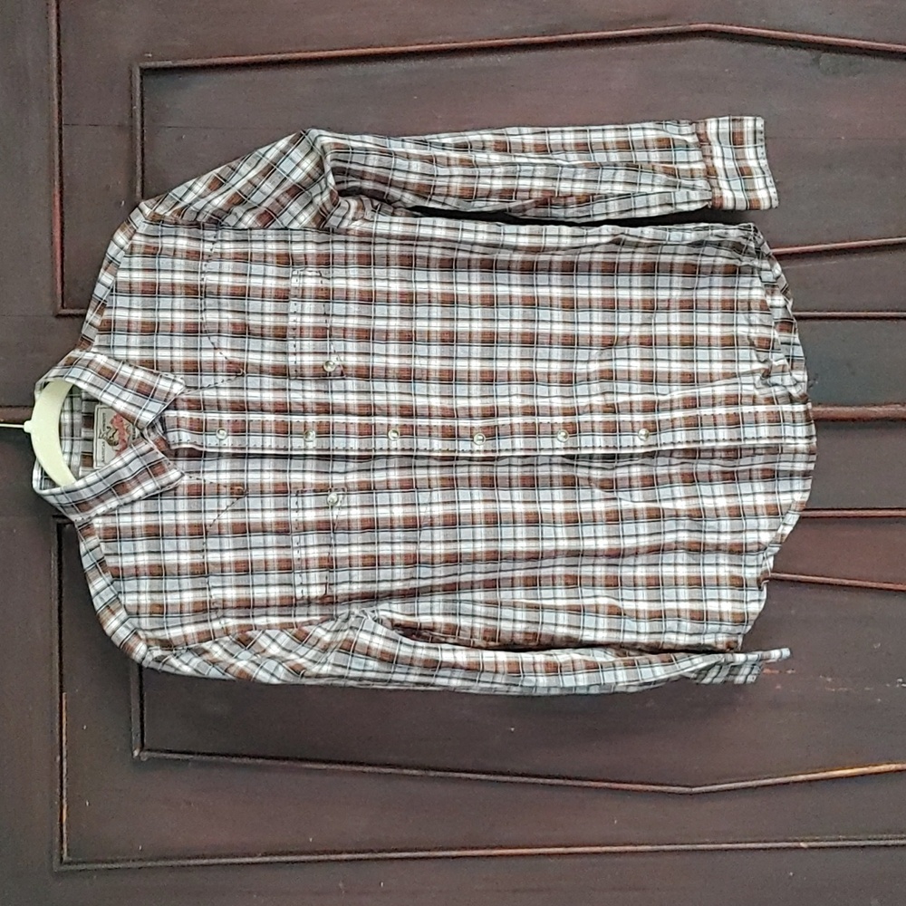 #3 Wrangler Plaid pearl snap buckstitch shirt size med